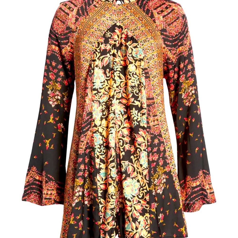 Free People Dress Stevie NWT Floral Black Printed Mini Tunic Bell Sleeves XS - Picture 6 of 8